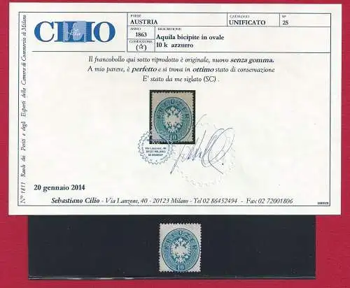 1863 Österreich, Nr. 25 10k. blau (*) OHNE GUMMI Cilio zertifiziert