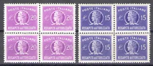 1949 REPUBLIK Autorisierte Zustellung reduziertes Format 15 und 20 Lire Wasserzeichen Rad Nr. 10/11 postfrisch** quartina