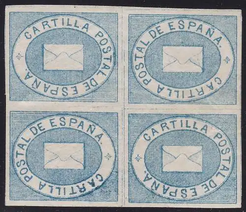 1869 SPANIEN, SPANIEN, Franchise Nr. 1 blau QUARTINA MIT 2 MLH/*