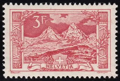 1918 SCHWEIZ, Nr. 167 Monti Miten, 3 rote Franken postfrisch** - Bolaffi-Zertifikat