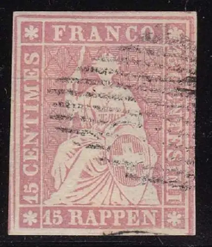 1854 SCHWEIZ, Nr. 28a 15r. antikrosa signiert Raybaudi