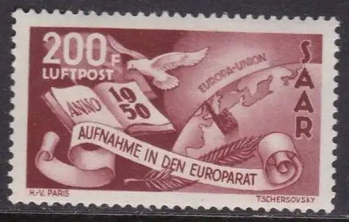 1950 SAARLAND, Europarat, Luftpost - Nr. 13 mnh**