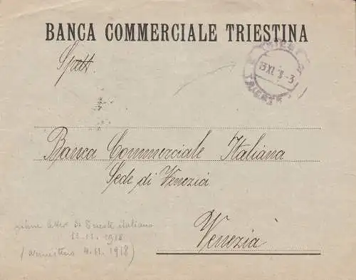 1918 TRIEST, Brief von Triest nach Venedig verschickt in den ersten Tagen der italienischen Besatzung (13. November) UNFREI