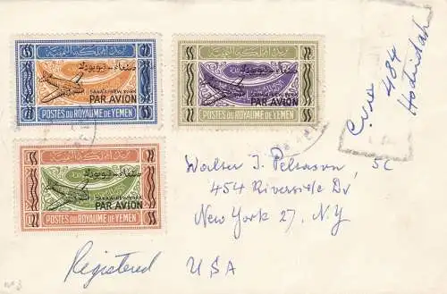 1954 JEMEN (Nord) - Michel 70II-72II-73II Einschreiben nach New York mit Stornierung der Ankunft