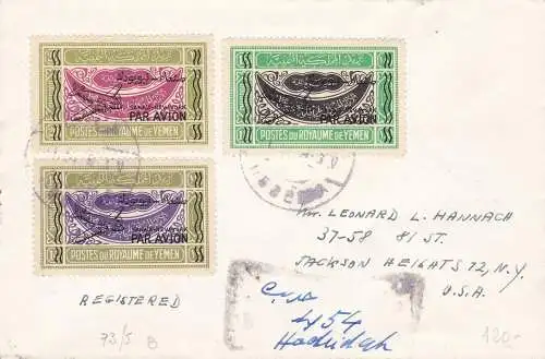 1954 JEMEN (Nord) - Michel 73II-74II-75II Einschreiben nach New York mit Stornierung der Ankunft