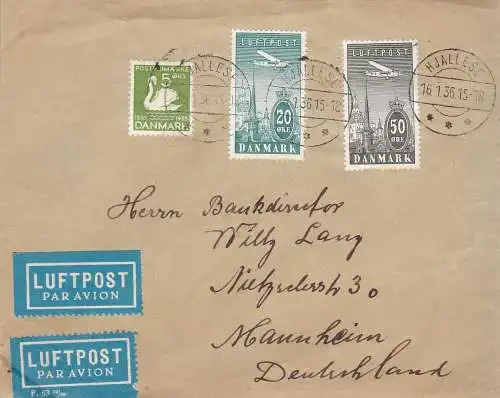 1936 Dänemark/Dänemark, PA 8/9+229 per Luftpostbrief von Hjallese nach Mannheim vom 16.1.36