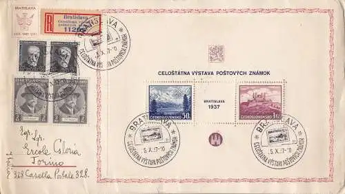 1937 TSCHECHOSLOWAKEI/CESKOSLOVENSKO, BF 1 auf Einschreiben für Turin + Zusatzporto