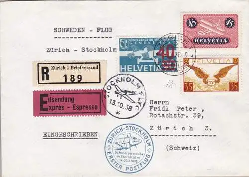 1938 SCHWEIZ, Schweden Flug SF 38.4 Zürich-Stockholm Einschreiben Express