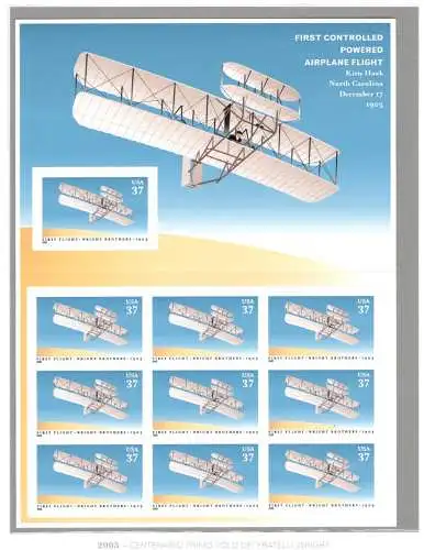 2003 USA, Gebrüder Wright - Erstflug der Gebrüder Wright - 1903 Minifol 10 mnh-Werte**