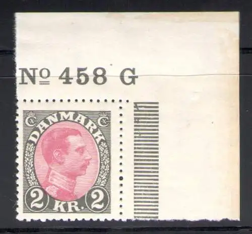 1921-28 DÄNEMARK, 2 vinegraue Kronen, Nr. 148 Blattecke mit Tischnummer Nr. 458 mnh**
