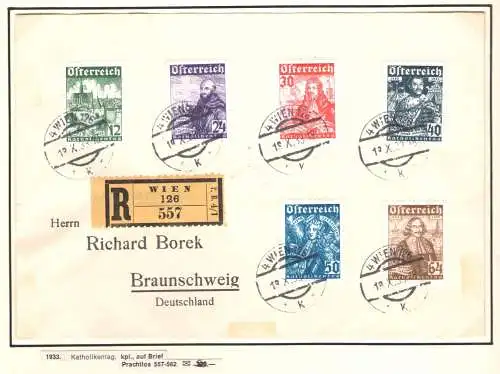 1933 ÖSTERREICH, Nr. 431/436 Wiener Belagerung, 6 Werte, auf Einschreiben Ankunftsstempel auf der Rückseite