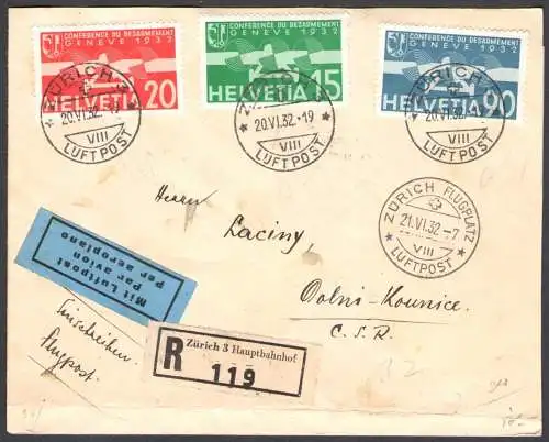 1932 SCHWEIZ, 20.06.1932 Luftpost im Umschlag Nr. A16/A18 - direkt in die Tschechoslowakei