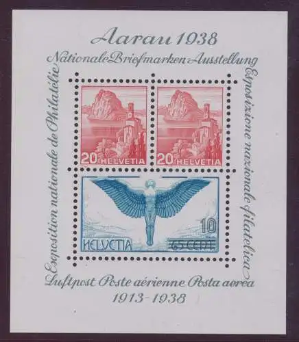 1938 SCHWEIZ, BF Nr. 4, Philatelieausstellung Aarau, MH*