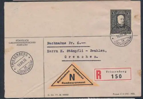 1938 Liechtenstein, Zumstein Nr. 142, II. Tag der Nutzung, 3 Franken Azz. Violett, Bildnis von Prinz Franz I.