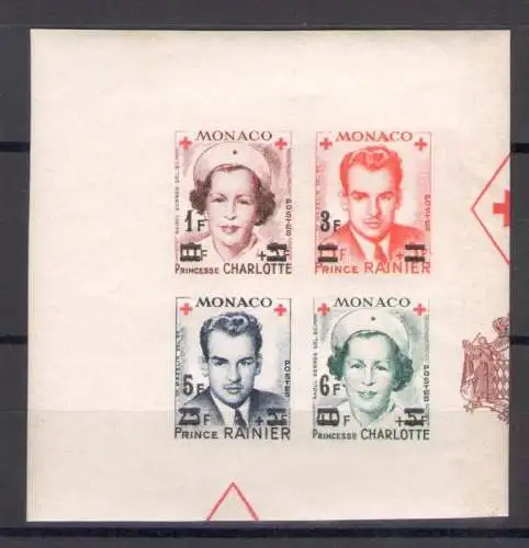 1951 MONACO - Pro Rotes Kreuz, ungezahnter Viererblock mit Neuwert, Nr. 379/82, postfrisch**