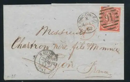 1862-64 GROSSBRITANNIEN, Stanley Gibbons Nr. 80, 4 Pence, rote Schaufeln, gebraucht auf Umschlag von London nach Lyon