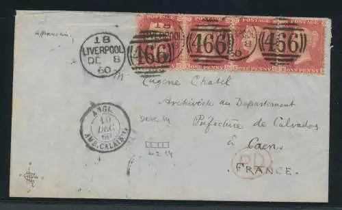 1856-58 GROSSBRITANNIEN, Stanley Gibbons Nr. 40, 1 Penny, rosared, 4er Streifen gebraucht auf Umschlag von Liverpool nach Caen