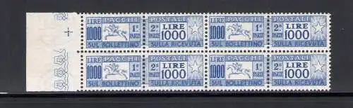 1954 Italien - Republik, Postpakete Lire 1000, Cavallino, Zertifikat Cilio Rarität Nr. 81, Kammzahnverzahnung - MNH** - Block mit vier linken Kanten