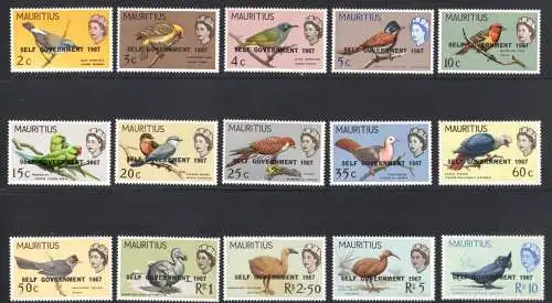 1967 Mauritius, Selbstregierung - Uccelli - Serie von 15 Werten, Yvert-Katalog Nr. 296/310 - postfrisch**
