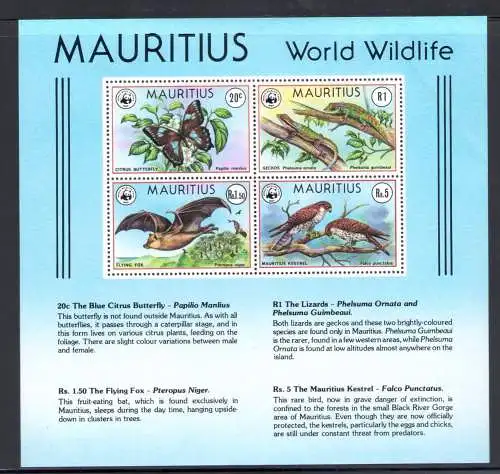 1978 Mauritius, Fauna - WWF - 4 Werte, Yvert Katalog Nr. 8 - postfrisch** (Leichte Falte wie gescannt)