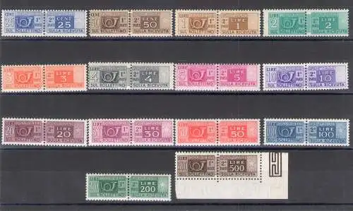 1946-51 Italien - Republik, filigrane Postpakete Rad, 14 Werte, Serietta ohne 300 Lire - mnh** - Hervorragende Zentrierung