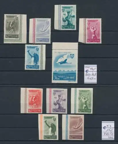 1945 Rumänien, Sportserie gezackt + ungezahnt, Yvert Katalog Nr. 843/48 +849/53, 11 Werte, postfrisch**