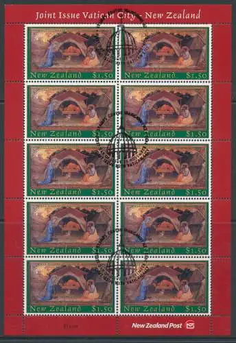 2002 Neuseeland - Weihnachten - Gemeinsame Ausgabe mit dem Vatikan Nr. 1290 - 10-Wert-Minifolo - Gebraucht am ersten Tag der Ausgabe