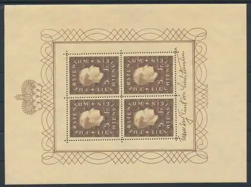 1939 Liechtenstein, Blatt Nr. 4, Bildnis von Fürst Franz Joseph II., postfrisch** - Bolaffi-Zertifikat