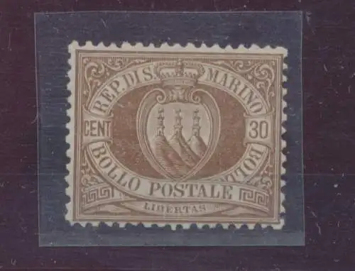 1877 San Marino, Sächsischer Katalog Nr. 6, 30 Cent braun - Ausgezeichnete Zentrierung - MH * - Zanaria zertifiziert