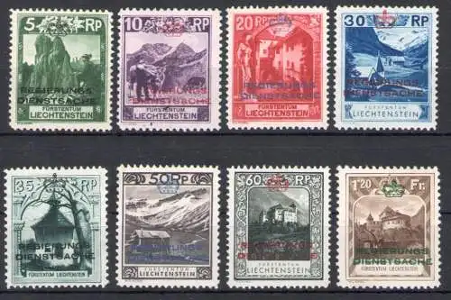 1932 Liechtenstein - Dienstmarken Nr. 1/8, Regie Rungs Dienstsache Aufgestapelt, 8 Werte - postfrisch**