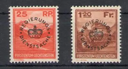 1933 Liechtenstein - Dienstmarken Nr. 9/10, Regie Rungs Dienstsache Aufgestapelt, 2 Werte - postfrisch**