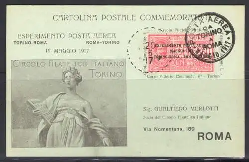 1917 Italien Königreich - Postkarte - Flug Turin - Rom und zurück - gebraucht