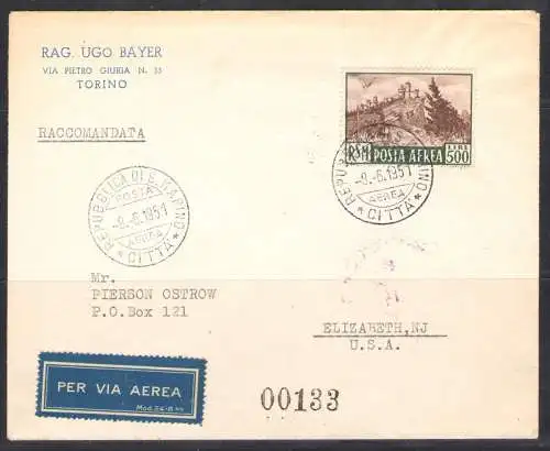 1951 San Marino, Luftpost Nr. 97 - Einschreiben für die USA