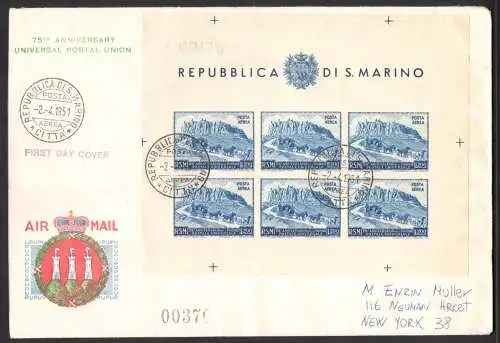 1951 San Marino, Blatt Ansicht Nr. 11, von San Marino nach New York - FDC