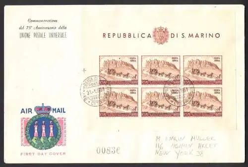 1951 San Marino, Blatt Ansicht Nr. 10, von San Marino nach New York - FDC