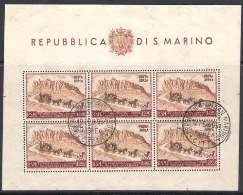 1951 San Marino, Flugpostblatt 300 braune Lire Nr. 10, gebraucht