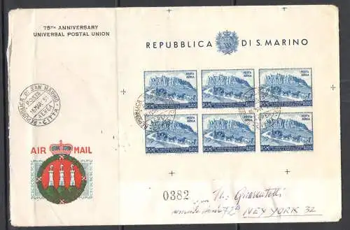 1951 San Marino, Blatt Ansicht Nr. 9, von San Marino nach New York - FDC