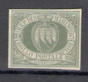 1892 San Marino, Test Nr. 13 - 5 Cent Oliven - Ohne Gummi
