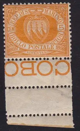 1890 SAN MARINO, Nr. 2 5 Cent. gelb postfrisch/** Cert. R.Diena (Fotokopie) BDF