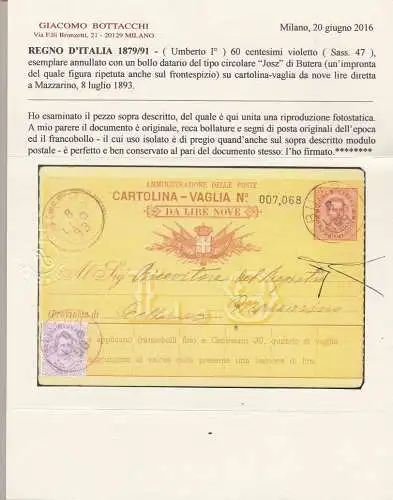 1889 Königreich Italien, Nr. 47 60 Cent. violett isoliert auf AK Vaglia SELTEN