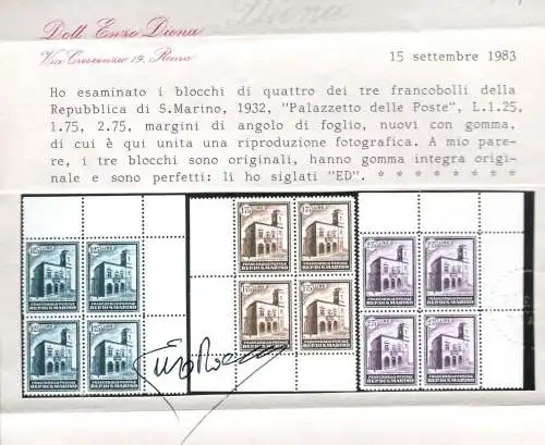 1932 SAN MARINO Nr. 159/163 WUNDERSCHÖNE VIERTEL MNH** Diena/Bolaffi Zertifikate