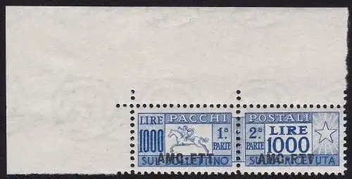 1954 TRIEST A, Postpakete, Nr. 26, 1000 Lire Übersee, Cavallino, postfrisch **