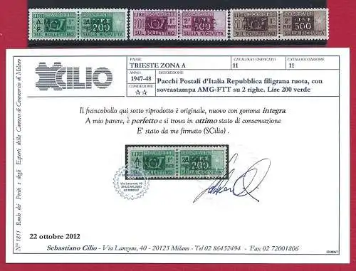 1947-48 TRIEST A - PP 10/12 - POSTFRISCH ** 200L 300 L 500L ZENTRIERT Zertifikat. Cilio