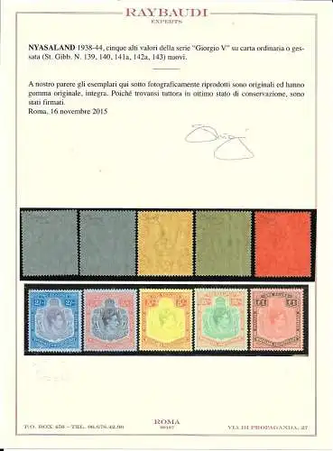 1936-52 NYASALAND - George VI. Papier mit Kreideoberfläche und Normalpapier,SG 139/140/141a/142a/143 5 Werte postfrisch** £ 580 splendidi