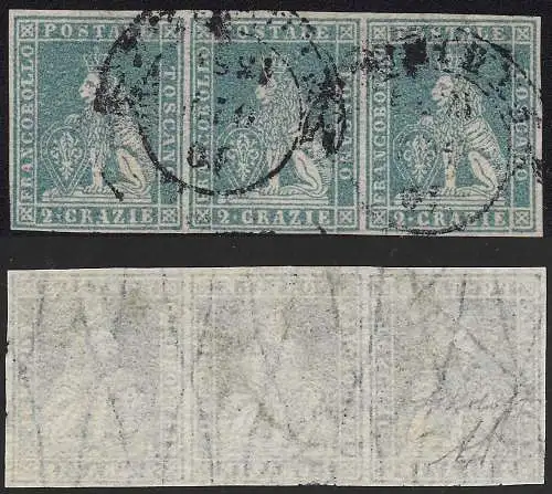 1857 TOSKANA, Nr. 13 2cr. blauer DREISTREIFEN GEBRAUCHT BOLAFFI zertifiziert