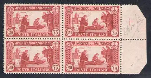 1931 Italien - Königreich, Antonius gezackt 12, Nr. 299 mnh**, Viererblock - Blattkante - zentriert
