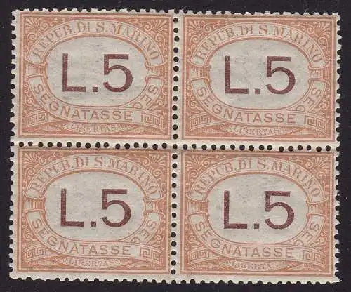 1925 SAN MARINO, Steuern Nr. 26 5 Lire orange QUARTINA MNH/**