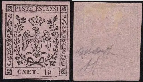 1854 MODENA, Nr. 9f 10 Cent. rosa MLH/* Signatur Bolaffi VARIETA'