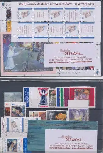 2003 Vatikan, neue Briefmarken, komplettes Jahrgang, 21 Werte + 3 Blätter + 1 Heft - postfrisch **