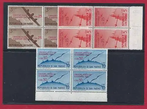 1946 SAN MARINO, Nr. 298/300 Philatelistische Tagung 3 Werte MNH/** QUARTINA